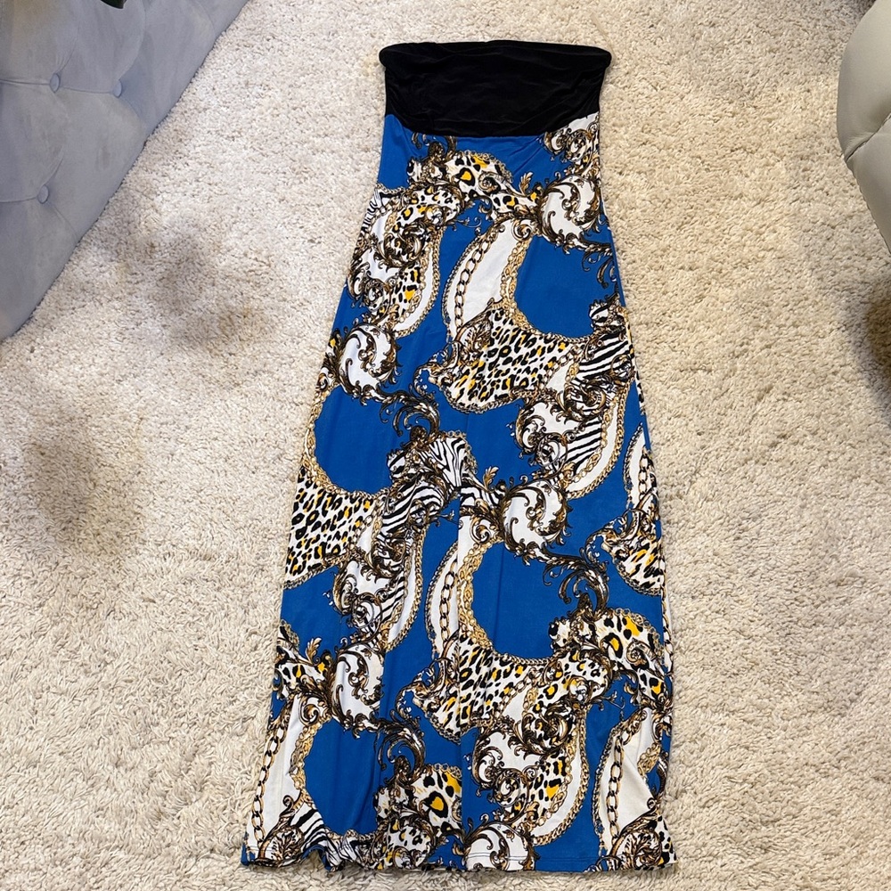 Long maxi dress chain animal print small black blue white gold stretchy